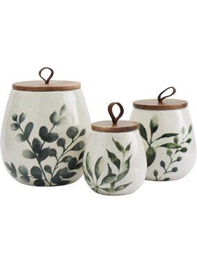 Stylish Ceramic Canister Set - 3-Piece Stoneware Kitchen Storage with Acacia